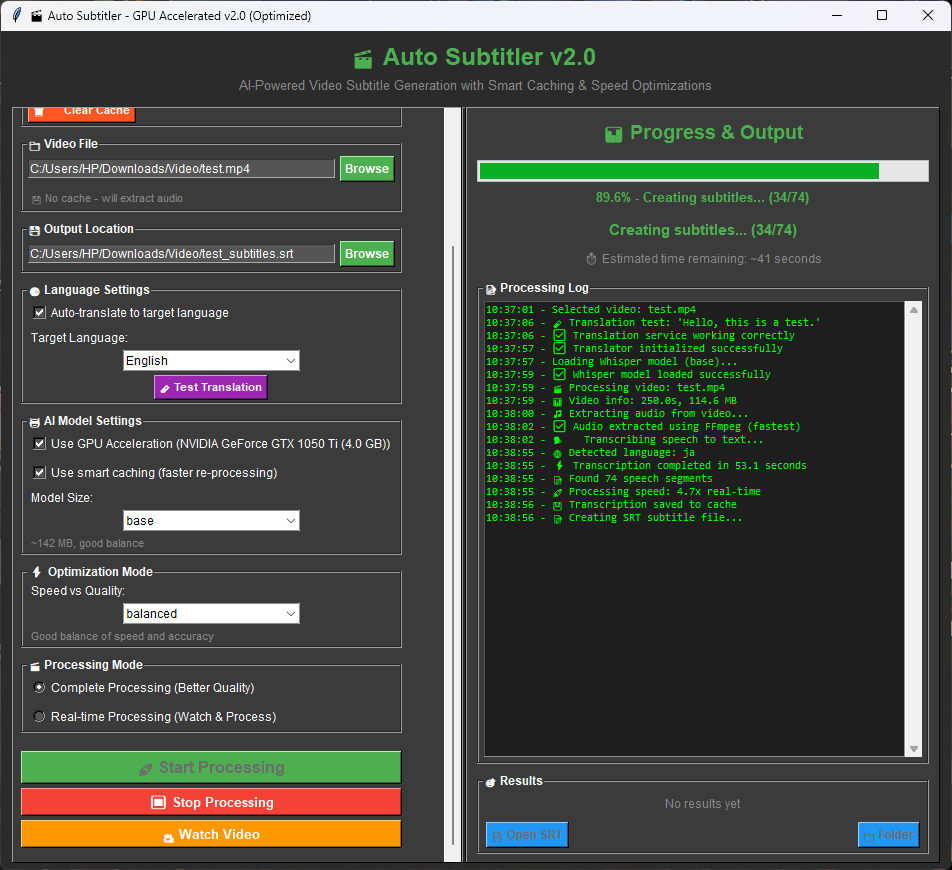 Auto Subtitler Application Interface showing video with generated subtitles